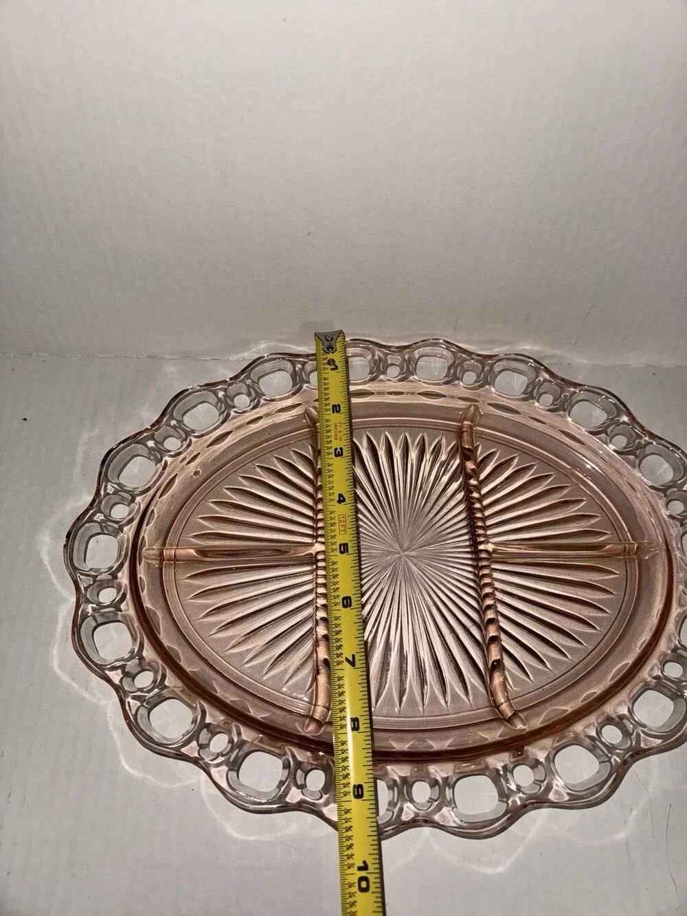 Vintage Pink Depression Glass Oval Relish Tray Lace Edge Divided Platter